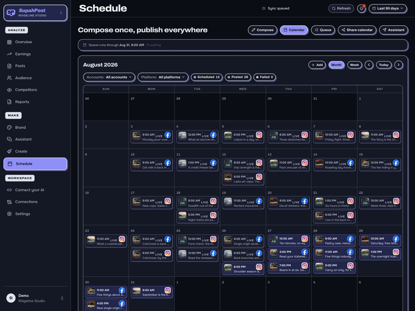 A month of scheduled posts across five accounts